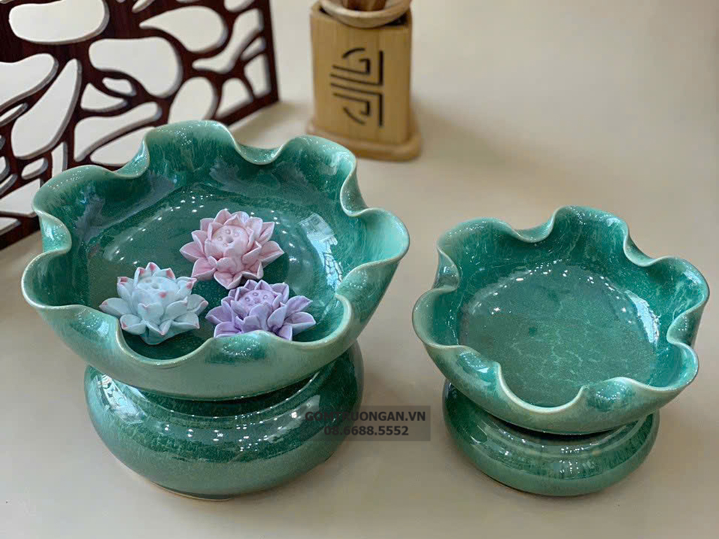 Bát thả hoa thần tài đường kính 30cm men hỏa biến thiên thanh kèm chân đế(không bao gồm sen sứ) 1